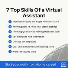 A list of seven skills virtual assistants should have, including Facebook and page administration, real estate knowledge, quick thinking, self-discipline, computer literacy, communication skills, and word processing.