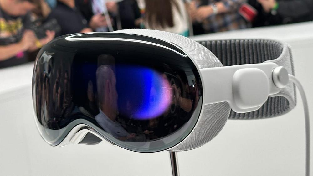 A close-up of a pair of white virtual reality goggles.