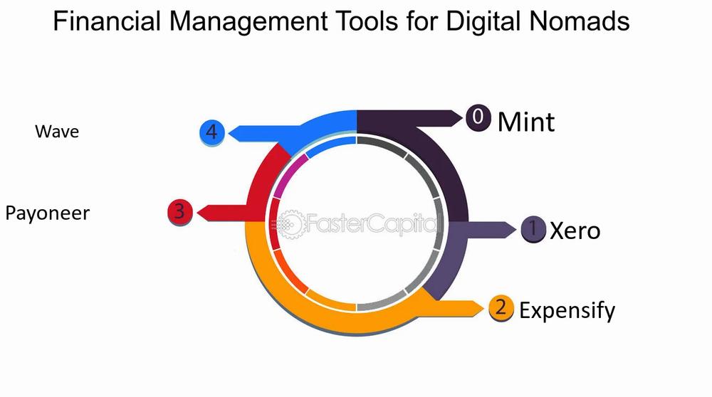 A circular infographic showing 5 different financial management tools for digital nomads.