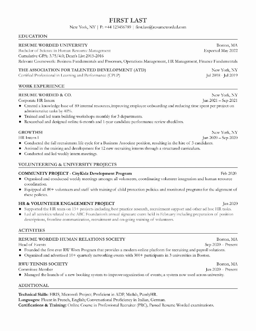 Resume of a recent college graduate with a degree in Human Resource Management and experience in recruiting, training, and event planning.